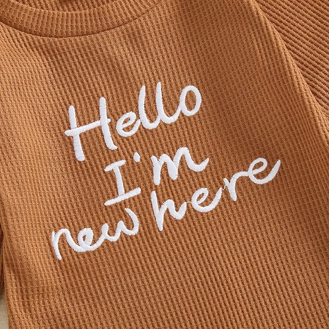 Hello I'm New Here Newborn Outfit Boy Letter Embroidery Waffle Knit Long Sleeve Footed Jumpsuit Coming Home Outfit Hat