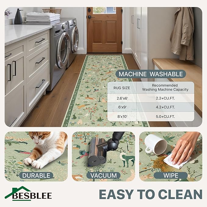 Rugs for Living Room 5x7 Floral Animal Print Area Rug Machine Washable Rug, Non Slip Low Pile Carpet for Bedroom, Entryway, Light Green