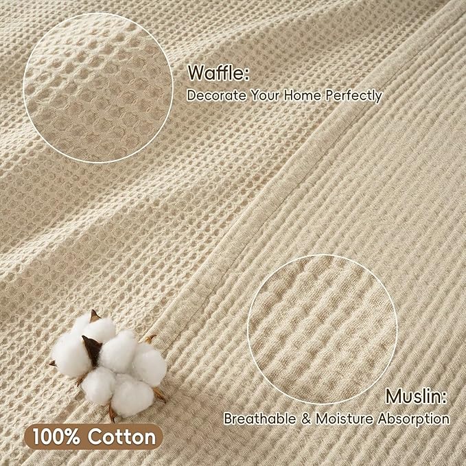 PHF 100% Cotton Waffle Muslin Throw Blanket Large 50" x 70", Lightweight and Breathable Washed Cotton Blanket, Aesthetic Soft Muslin Waffle Bedding for Sofa Bed Home Decor, Oak
