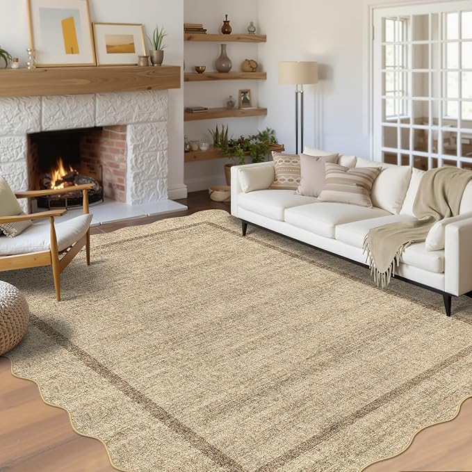 GarveeHome Scalloped Washable Rugs 9x12 Area Rug for Bedroom Modern Rug Non Slip Throw Rugs Large Living Room Rug Low Pile Soft Stain Resistant Carpet for Nursery Dining Room 9 ft x12 ft Jute