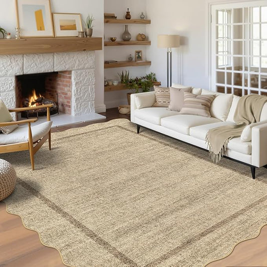 GarveeHome Scalloped Washable Rugs 9x12 Area Rug for Bedroom Modern Rug Non Slip Throw Rugs Large Living Room Rug Low Pile Soft Stain Resistant Carpet for Nursery Dining Room 9 ft x12 ft Jute
