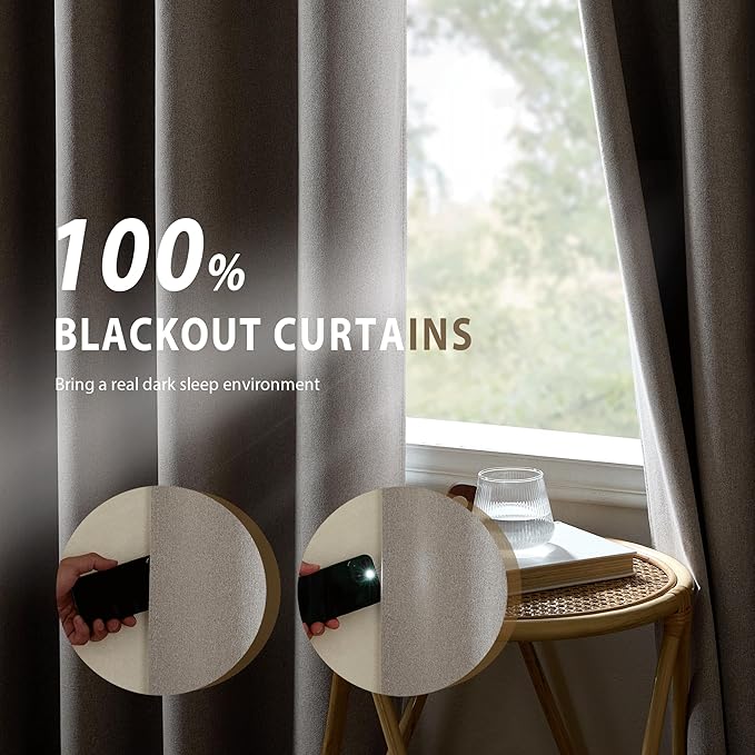 NICETOWN Natural Linen 100% Blackout Curtains 90 inches for Bedroom, Farmhouse Style Keep Warm Faux Linen Blackout Curtains with Thermal Insulated Liners for Dining Room, 2 Panels, 52" W, Drapes
