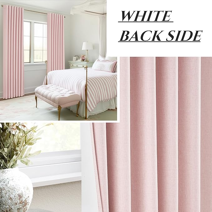 102 Inch Long Baby Pink Curtains 2 Panels Set for Living Room, Modern Pleated Linen Blend Black Out Aesthetic Curtain for Bedroom with Track Rod Pocket Insulating Soundproof Windows Drapes