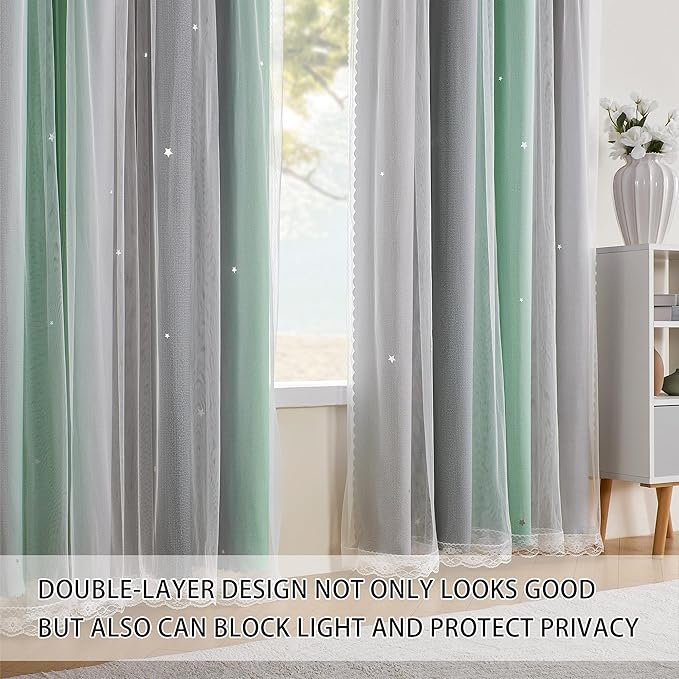 XiDi Green Grey Curtains for Girls Bedroom Decor Kids Blackout Curtains for Nursery Room Darkening Rainbow Princess Unicorn Wall Decals Little Girl Grommet Top 52x54 Inches Long 2 Panels Set
