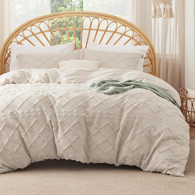 Bedsure Boho Duvet Cover Queen Size with Fitted Sheet - Boho Bedding Comforter Set, 4 Pieces, Includes 1 Duvet Cover 90"x90" with Zipper Closure, 2 Pillow Shams, 1 Fitted Sheet, Beige