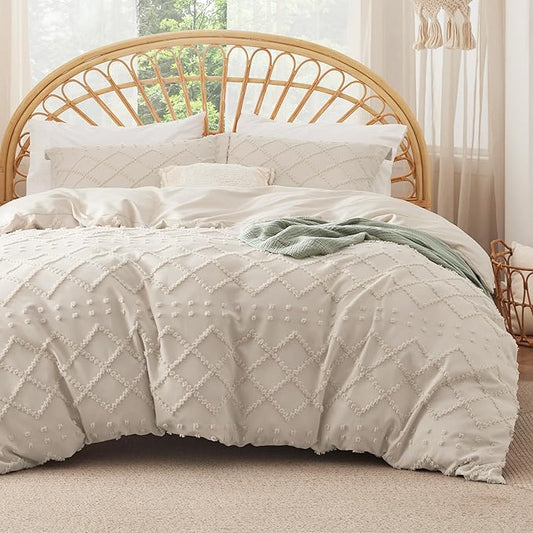 Bedsure Boho Duvet Cover King Size with Fitted Sheet - Boho Bedding Comforter Set, 4 Pieces, Includes 1 Duvet Cover 104"x90" with Zipper Closure, 2 Pillow Shams, 1 Fitted Sheet, Beige