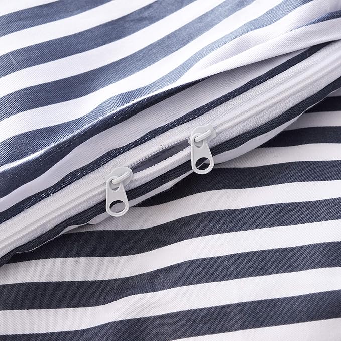 JELLYMONI 100% Natural Cotton 3pcs Striped Duvet Cover Sets,White Duvet Cover with Navy Blue Stripes Pattern Printed Comforter Cover,with Zipper Closure & Corner Ties(King Size)