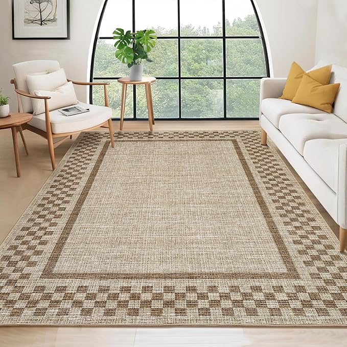 GarveeHome Area Rug 9x12 Living Room Rug Modern Bordered Soft Large Area Rugs for Bedroom Washable Checkered Dining Room Throw Carpet Non Slip Stain Resistant Geometric Rugs for Home Office, Taupe