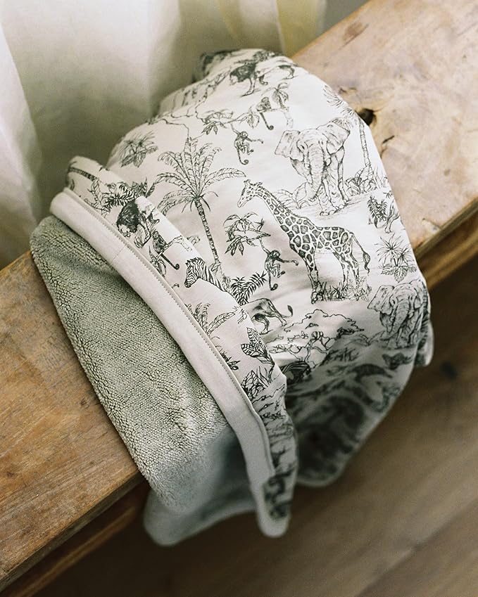 Oilo Baby Blanket, Luxury Plush Chenille Backing & Organic Cotton Jersey Print, Double Layered, 30" x 40", Rolled Jersey Edge Trim, Infant & Toddler Size, Heirloom Organic Collection, Vintage Safari