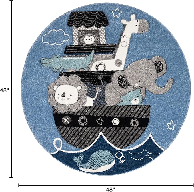 SAFAVIEH Carousel Kids Collection 4' Round Blue/Grey CRK121B Animal Nursery Playroom Area Rug
