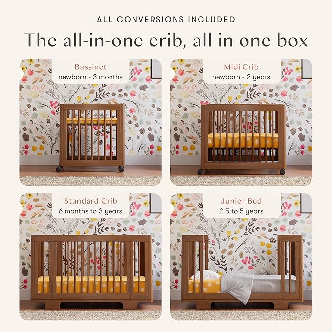 Babyletto Yuzu 8-in-1 Convertible Baby Crib - GREENGUARD Gold - Conversion Kits for Bassinet, Midi & Full-Size Convertible Crib to Toddler Bed, Daybed & Junior Baby Bed - 4 Mattress Heights - Walnut