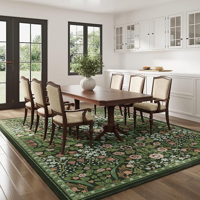 9x12 Green Floral Washable Area Rug for Living Room, Non-Slip Soft Vintage Boho Carpet, Botanical Forest Green Low Pile Rugs for Bedroom, Dinning Room, Home Office, Dorm, Nursery, Dark Green