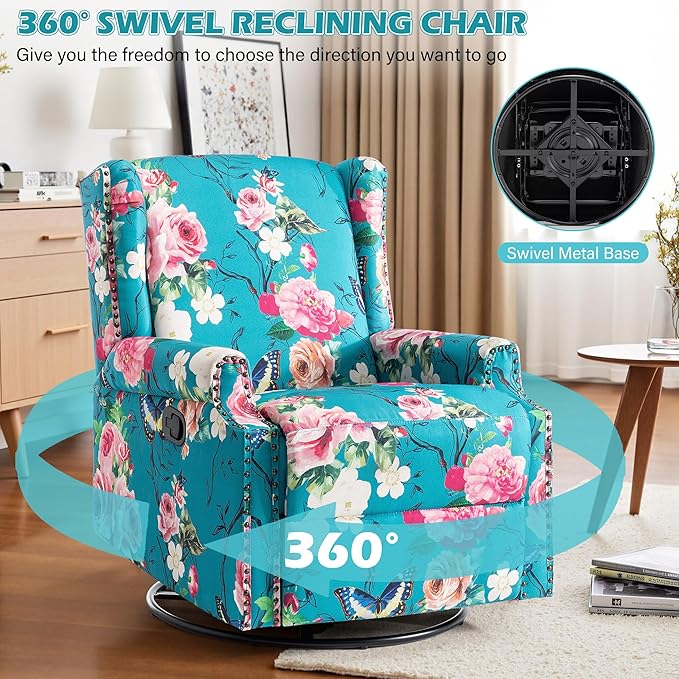 UIXE Swivel Glider Recliner Chair for Adults, High Back Nursery Rocker Floral Upholstered Armchair for Living Room, Manual Reclining Rivet Trim Sofa Lounge with Deep Seat in Fabric - Peacock Blue