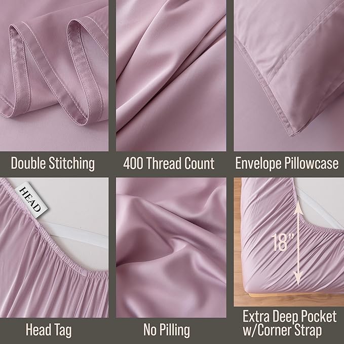 Bella Coterie 7 Piece Luxury Bamboo Viscose Split King Size Sheet Set | 2 Fitted Sheets for Adjustable Beds | 100% Organically Grown | Cooling for Hot Sleepers | 4 Pillowcases [Lilac]