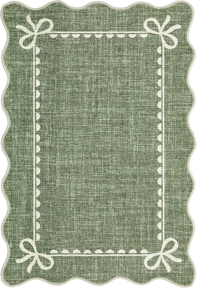 GarveeHome Scalloped Bow Rug for Kitchen Floor, Solid Green Rug for Dorm, Washable Entryway Rugs 2x3 Soft Low Pile Non Slip Scalloped Rugs for Nursery Bedroom Decor Hallway