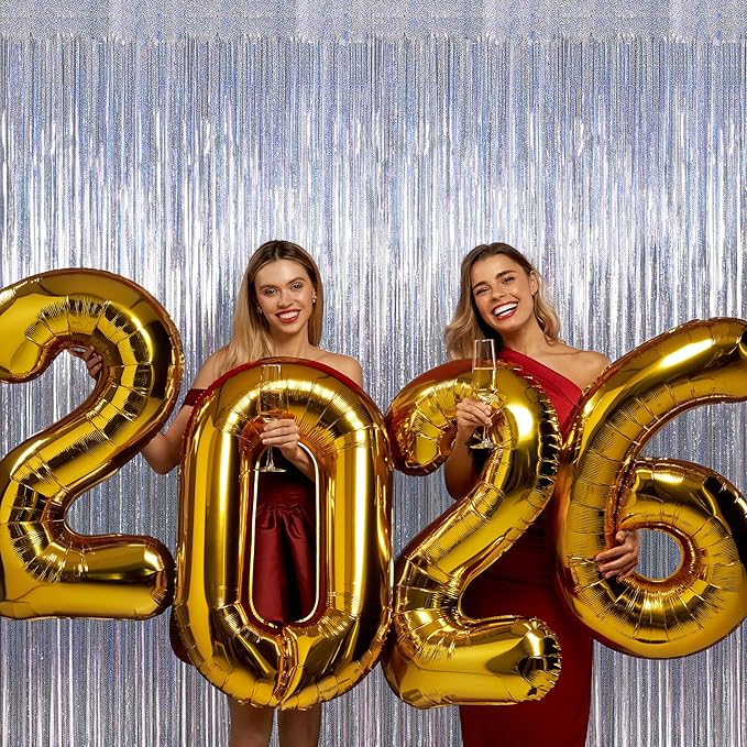 4 Pack New Year Party Fringe Backdrop, 3.28 FT x 7.05 FT Glitter Silver Tinsel Curtains, Metallic Foil Streamer Disco Fringe Backdrop Party Curtains, Birthday Party Supplies Disco Decorations
