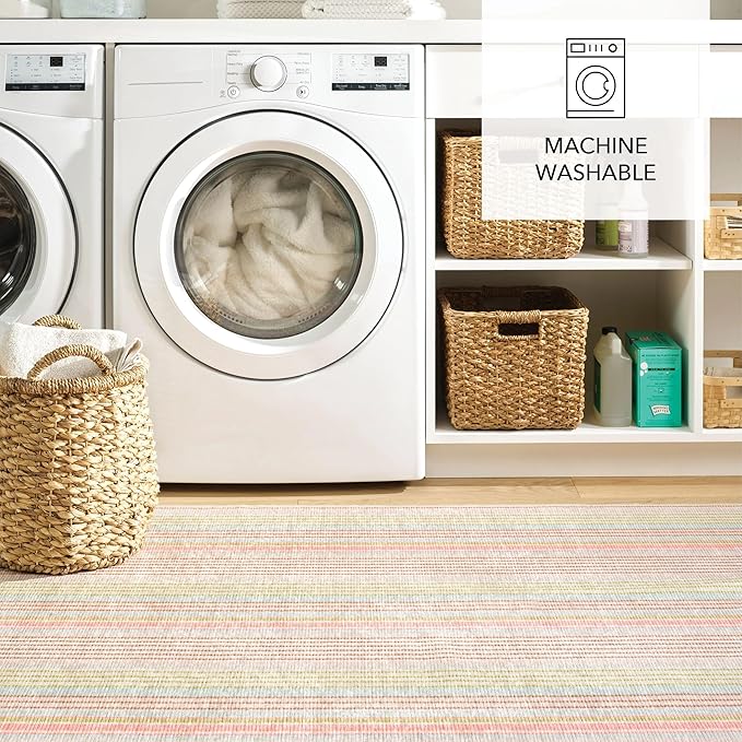 Dash and Albert Ana Ticking Machine Washable Area Rug - 3' x 5' Aqua Stripe Washable Accent Rug - Durable, High Traffic Area Kitchen, Hallway, Bedroom