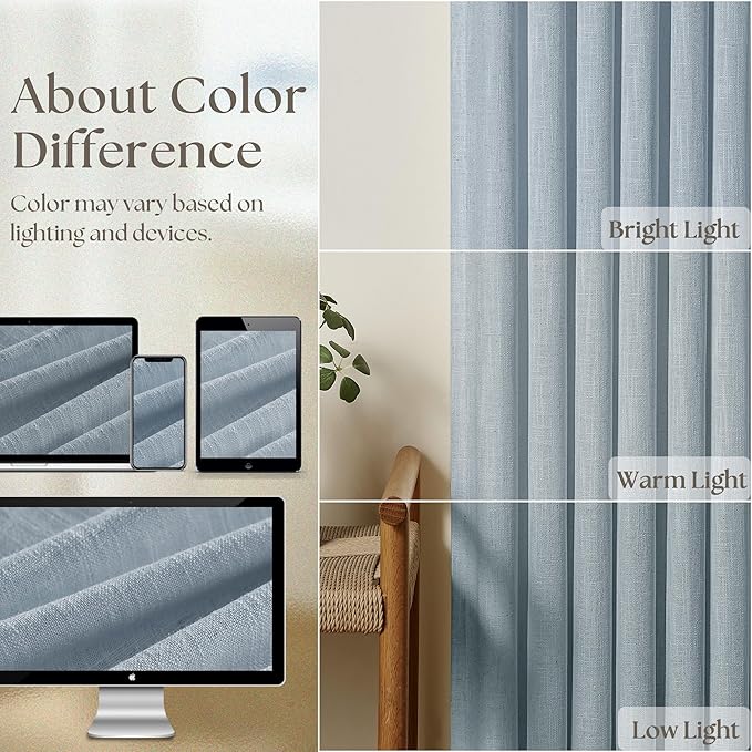 Light Blue Linen Curtains 102 Inches Long for Living Room Pinch Pleated Drape with Hooks Rings for Track System Light Filtering 102 Inch Curtain for Bedroom Sliding Patio Door 2 Panels Dusty Blue