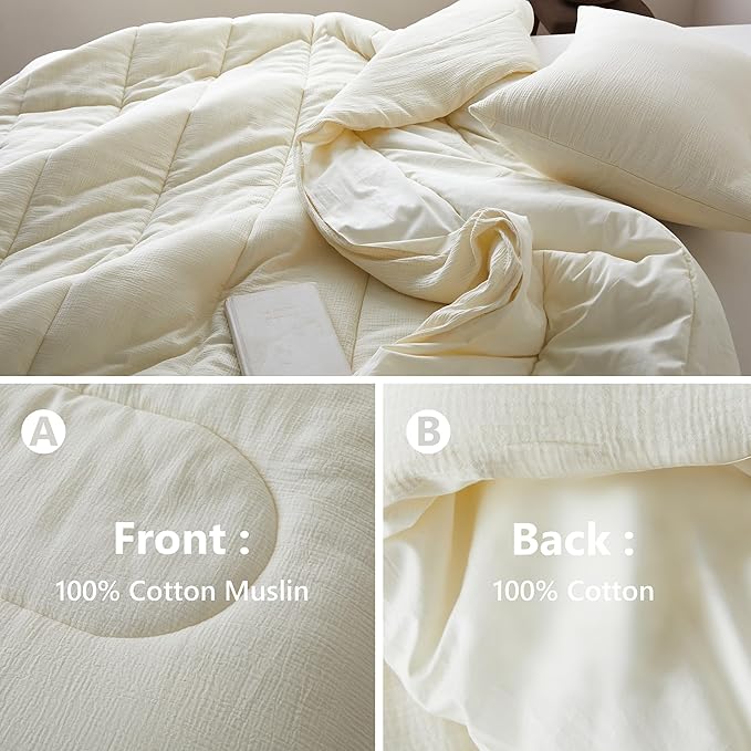 Simple&Opulence 100% Cotton Muslin Comforter Set King Size, 3PCS Washed Cotton Gauze Comforter, Soft Lightweight All Seasons Bedding Sets(Cream,King)