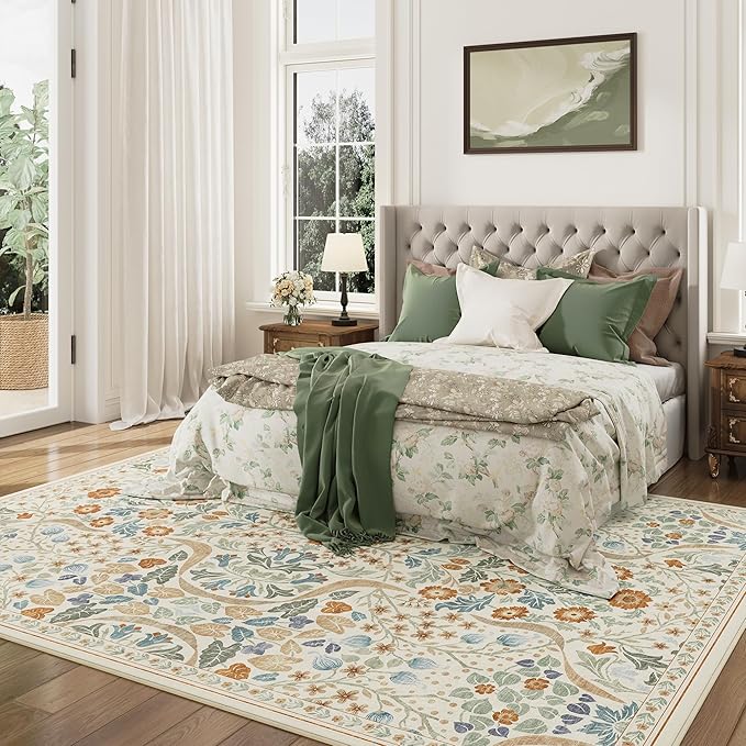 8x10 Floral Washable Area Rug for Living Room, Non-Slip Soft Vintage Boho Carpet, Botanical Forest Beige Low Pile Rugs for Bedroom, Dinning Room, Home Office, Dorm, Nursery, Beige