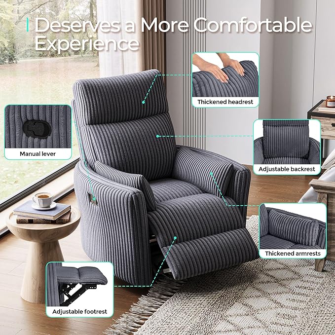 LINSY HOME 360 Swivel Nursery Rocking Chair with 2 Pillows, Corduroy High Back Adult Recliner for Small Spaces, Nursery Glider Rocker Chair, Bedroom Living Room Reclining Chairs (Grey)