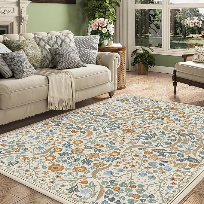 8x10 Floral Washable Area Rug for Living Room, Non-Slip Soft Vintage Boho Carpet, Botanical Forest Beige Low Pile Rugs for Bedroom, Dinning Room, Home Office, Dorm, Nursery, Beige