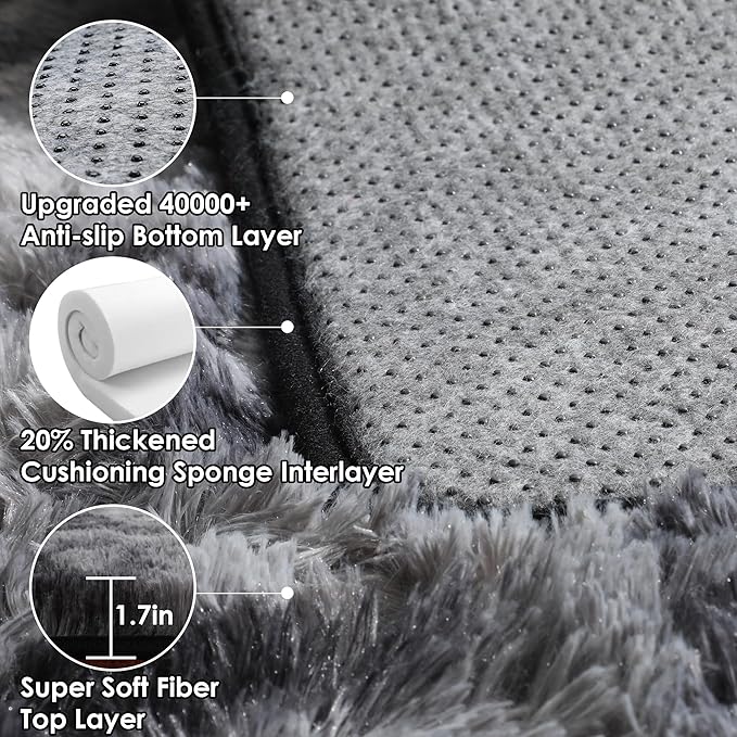 ONASAR 8x10 Area Rugs for Living Room, Tie-Dyed Dark Grey Fluffy Shag Large Bedroom Rug, Black Gray Washable Soft Plush Thick Floor Big Indoor Carpet for Nursery Kids Boys Girls Teen Dorm Home Decor