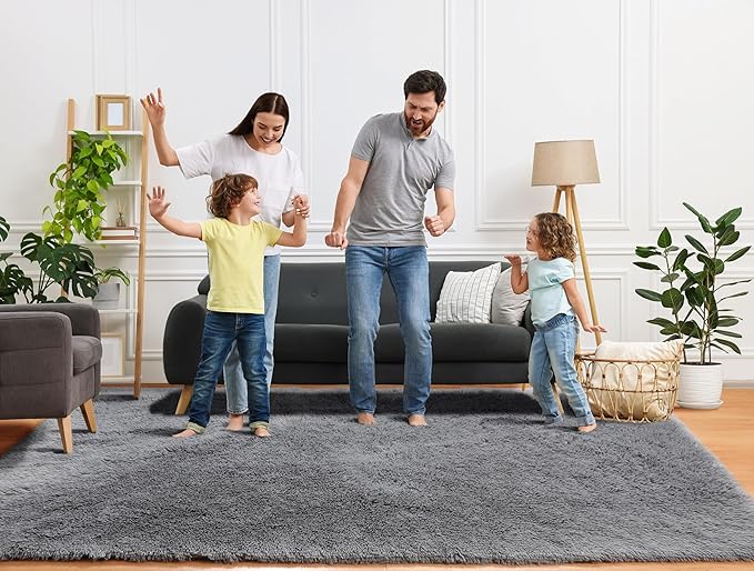 ONASAR Grey Area Rugs for Living Room Bedroom, 5x8 Gray Fluffy Shag Rug, Washable Ultra Soft Plush Shaggy Large Indoor Floor Carpet for Nursery Kids Girls Boys Teen Home Office Decor Aesthetic