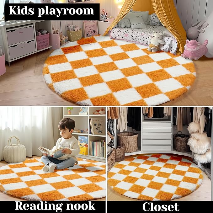 KICMOR Round Rugs 5ft Orange and Cream White Circle Area Rug, Fluffy Soft Fuzzy Shag Shaggy Bedroom Living Room Carpet, Indoor Checkered Circular Rug for Kid Boys Girls Home Decor Aesthetic, Nursery