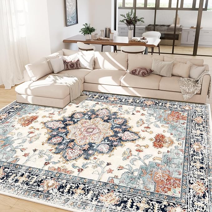 Machine Washable Rugs Nursery Rug 9x12 Area Rugs Girl Non Slip Low Pile Water Repellent Soft Print Pattern for Bedroom Indoor Decor Kids Playroom Bluebeige