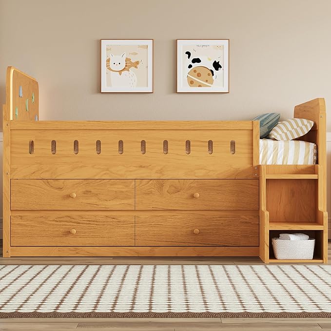 Full Size Platform Bed with Guardrail and 4 Drawers, Wooden Kids Platform Bed Frame with Two-Step Staircases and Light Strip for Boys Girls, Sturdy Slats Support (Wood-11A)