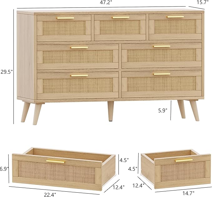 Rovaurx 7 Drawer Double Dresser for Bedroom, Rattan Chest of Dressers, Modern Wooden Dresser Chest with Golden Handles, Beside Table for Closet, Living Room and Entryway, Natural RDG004M