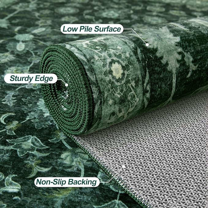 Tangsoo 5x7 Green Area Rug for Bedroom Living Room, Washable Vintage Floral Rug Non Slip,Low Pile Stain Resistance Distressed Retro Indoor Boho Carpet for Laundry Farmhouse Dinning Room Mat Home Decor