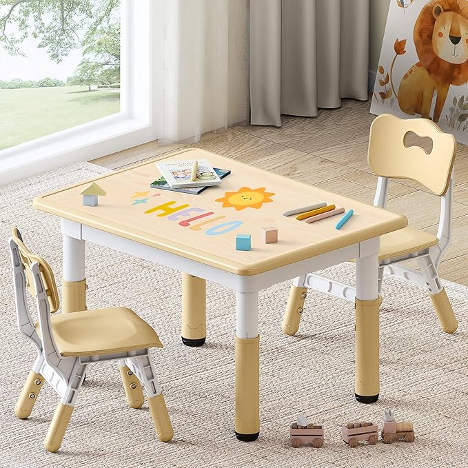 Kids Study Table and Chairs Set, Height Adjustable Toddler Table and Chair Set for Kids Ages 3-8, 31.5" L x 23.6" W Graffiti Desktop Plastic Children Art Table with 2 Seats, Brown