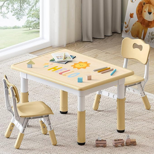 Kids Study Table and Chairs Set, Height Adjustable Toddler Table and Chair Set for Kids Ages 3-8, 31.5" L x 23.6" W Graffiti Desktop Plastic Children Art Table with 2 Seats, Brown