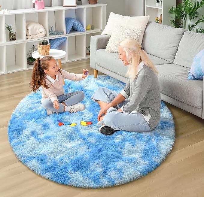 EVOIONOS Tie-Dyed Blue Round Rug Living Room, 6x6 Ft Fluffy Soft Circle Area Rugs Bedroom, Plush Shaggy Circular Carpet Indoor Floor Bedside Kids Nursery, Machine-Washable Home Decor Aesthetic