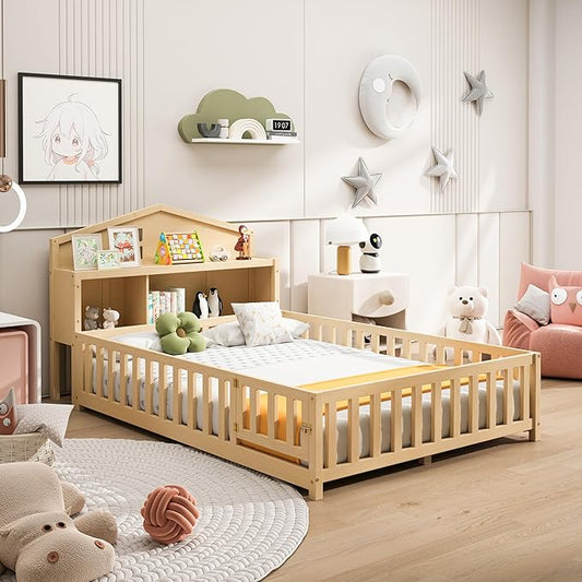 Bellemave Full Size Floor Bed for Kids, Girls, Boys, Solid Wood Montessori Bed with Storage headboard, Door, Storage,Natural