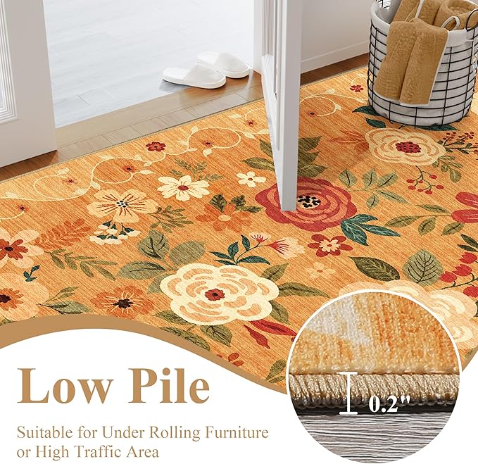 DUKINO Runner Rug, 2x10 Kitchen Hallway Carpet, Washable with Non-Slip Backing, Low Pile Soft Boho Floral for Entryway, Laundry, Bedroom, Orange
