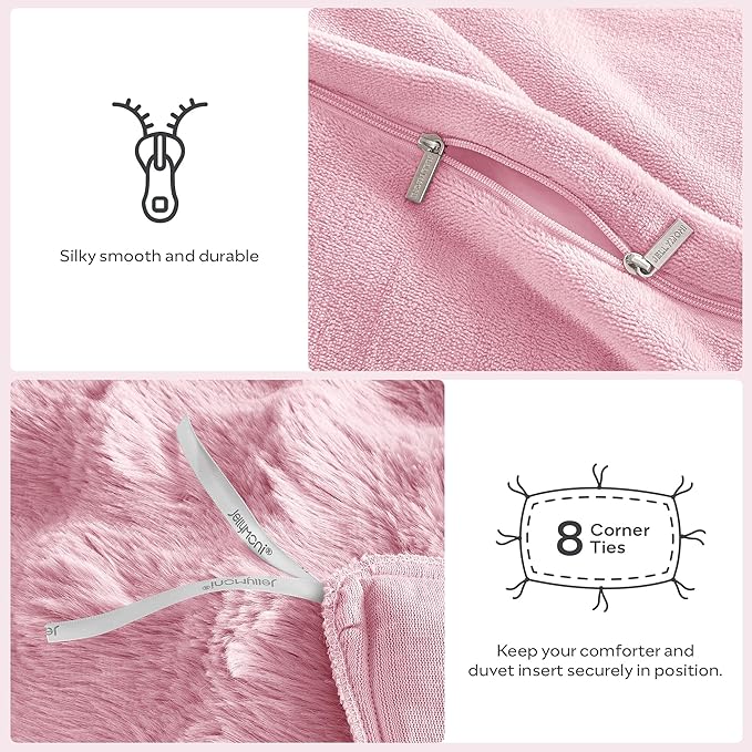 JELLYMONI Plush Duvet Cover Set - King Size Pink Faux Fur Comforter Cover 3pcs Bedding Set Luxury Ultra Soft Striped Fluffy Duvet Cover with Zipper and 2 Pillowcases (NO Comforter)