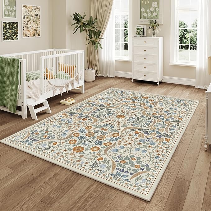 5x7 Floral Washable Area Rug for Living Room, Non-Slip Soft Vintage Boho Carpet, Botanical Forest Beige Low Pile Rugs for Bedroom, Dinning Room, Home Office, Dorm, Nursery, Beige