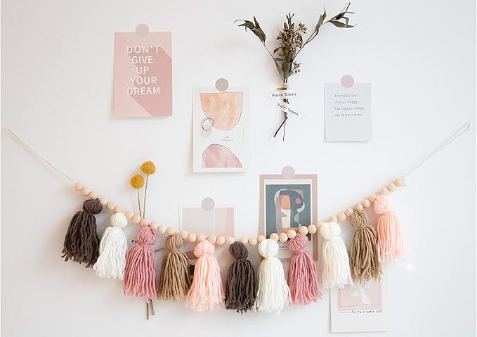 Decocove Tassel Garland - Boho Tassel Garland with Wood Beads - Wall Decor for Dorm, Girls Room and Nursery Room (36 inch) - Blush and Terra Cotta