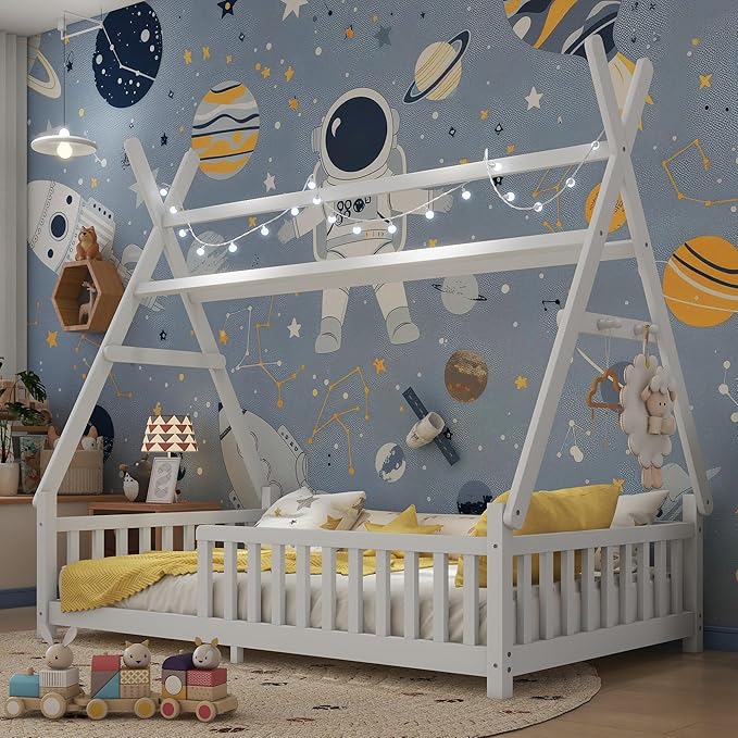 Twin House Bed with Roof & LED Light, Low Profile House Bed with Fence, Safe Guardrails, DIY-Friendly for Boys & Girls, Solid Wood & MDF Construction, No Box Spring Required, White
