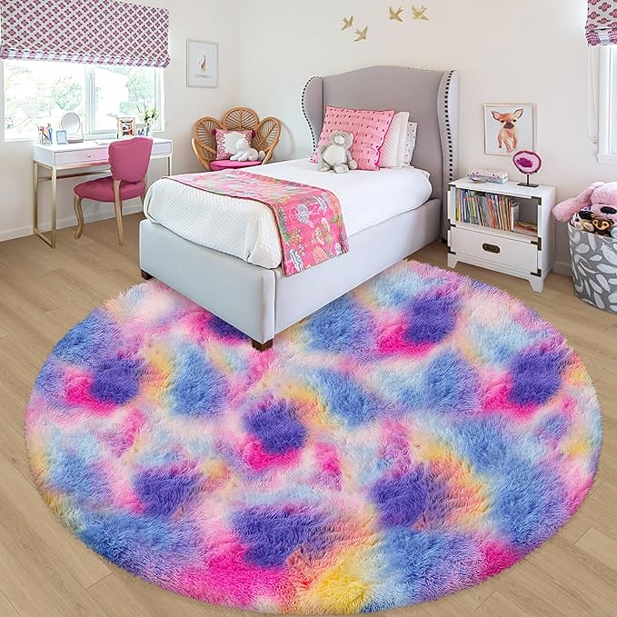 7 ft Large Fluffy Round Pink Rainbow Area Rugs for Girls Bedroom, Colorful Soft Shaggy Circular big Rug Plush Fluffy Circle Carpet Fuzzy for Nursery Baby Room Playroom Dorm LivingRoom Home Decor