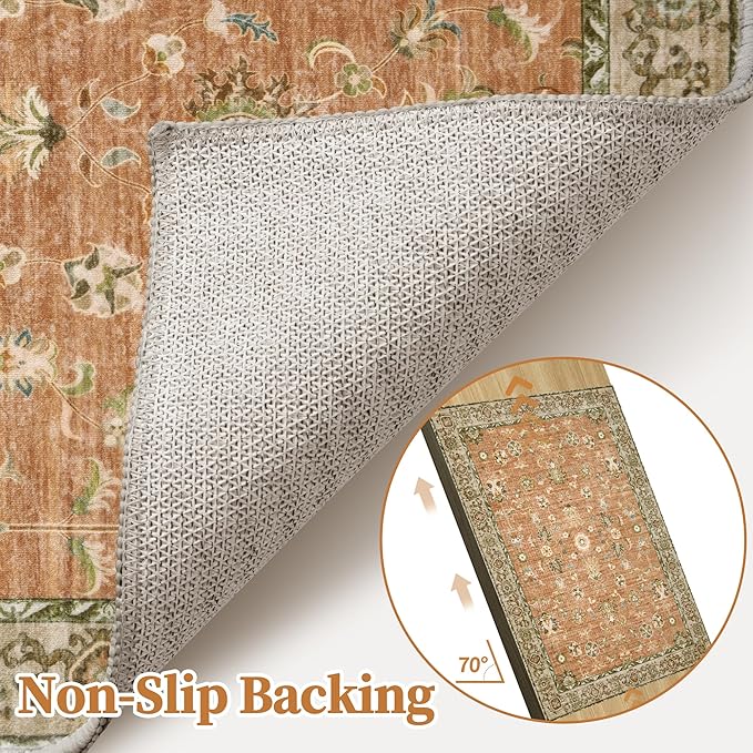 Tangsoo 3x5 Floral Area Rug Washable Non-Slip Low Pile Vintage Boho Distressed Carpet for Bedroom, Entryway, Kitchen, Office, Foyer Decor - Pet & Child Friendly (Terracotta)