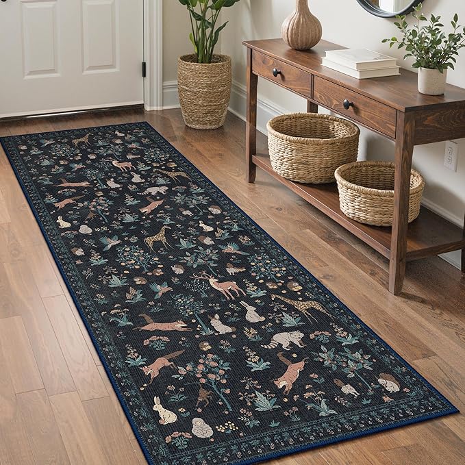 Runner Rug Non Slip 2'6''x 6', Floral Animal Print Rug Machine Washable Rug, Non Slip Low Pile Hallway Runner Carpet for Kitchen, Laundry, Bedroom, Bathroom, Black