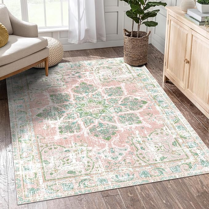 Vhong Boho Area Rugs Vintage Washable Neutral Modern Dusty Pink and Green 3x5 Non Slip Small Carpet for Nursery Living Room Dining Room Bedroom Farmhouse Girls' Room