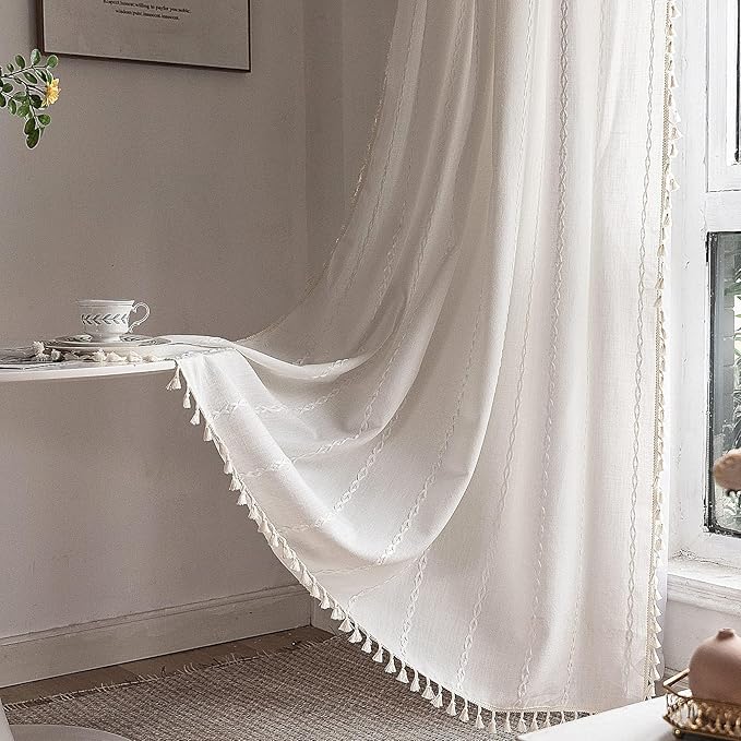 Deeprove White Boho Curtains 90 inches Length for Living Room Bedroom Nursery, Vintage Bohemian 90 inches Long Embroidery Farmhouse Light Filter Country Tassel Window Treatments, W52 x L90, 1 Panel