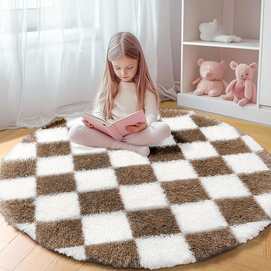 KICMOR Round Rug 4ft Brown and Cream White Circle Area Rug, Fluffy Soft Fuzzy Shag Shaggy Bedroom Living Room Carpet, Indoor Checkered Circular Rugs for Kids Boys Girls Home Decor Aesthetic, Nursery