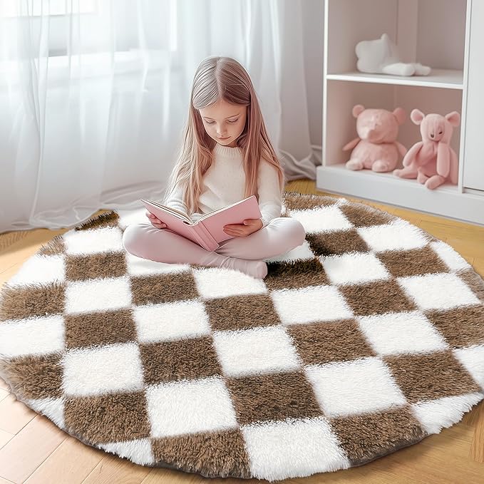 KICMOR Round Rugs 5ft Brown and Cream White Circle Area Rug, Fluffy Soft Fuzzy Shag Shaggy Bedroom Living Room Carpet, Indoor Checkered Circular Rug for Kids Boys Girls Home Decor Aesthetic, Nursery