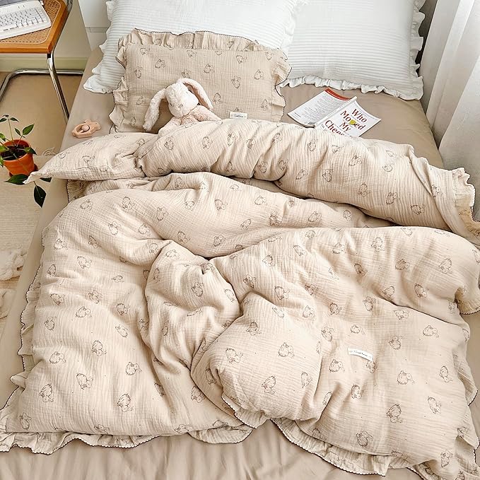 AOJIM Muslin Cotton Kids Duvet Cover with Ruffled Edges for Boys Girls, 1 Piece Soft Pure Cotton Comforter Cover Twin Size 68X86'', Rabbit Kids Bedding Duvet Cover for Room Decor, No Quilt/Pillow
